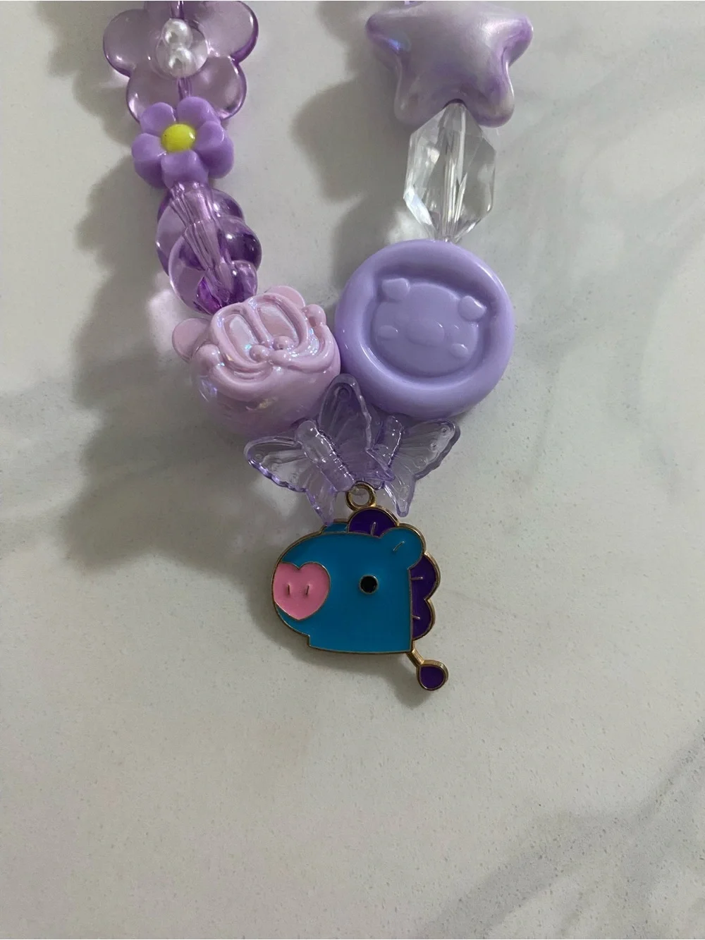 Purple Beaded Phone Charm Strap with Cute Animal Accent
